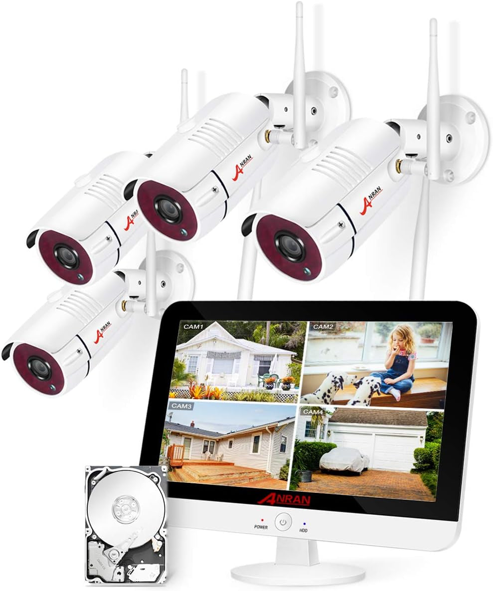 [8CH Expandable] All-In-One Wireless Security Camera System with 13'' LCD Monitor, 8CH 1080P Wifi NVR Kits Pre-Install 1TB Hard Drive and 4Pcs Outdoor Cameras with Night Vision/Motion Detection, White - Red (SW-K04W6066)