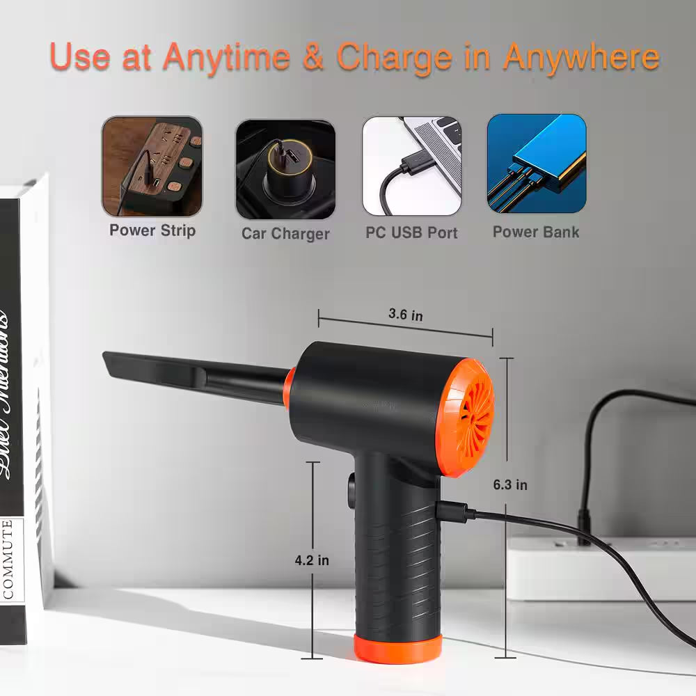 Multi-Purpose Compressed Air Duster, Cordless Compressed Air Blower with Led for Keyboard, PC and Car Cleaning in Orange