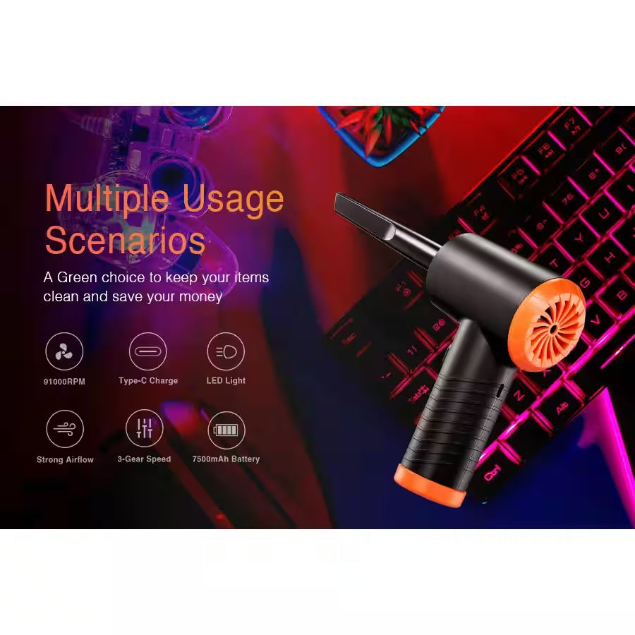 Multi-Purpose Compressed Air Duster, Cordless Compressed Air Blower with Led for Keyboard, PC and Car Cleaning in Orange