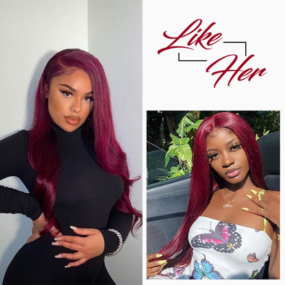 99J T Part Lace Front Human Hair Wigs for Black Women with Baby Hair 9A Brazilian Human Hair Straight Lace Front Wigs Pre Plucked Burgundy Color 150% Density(18 Inch)