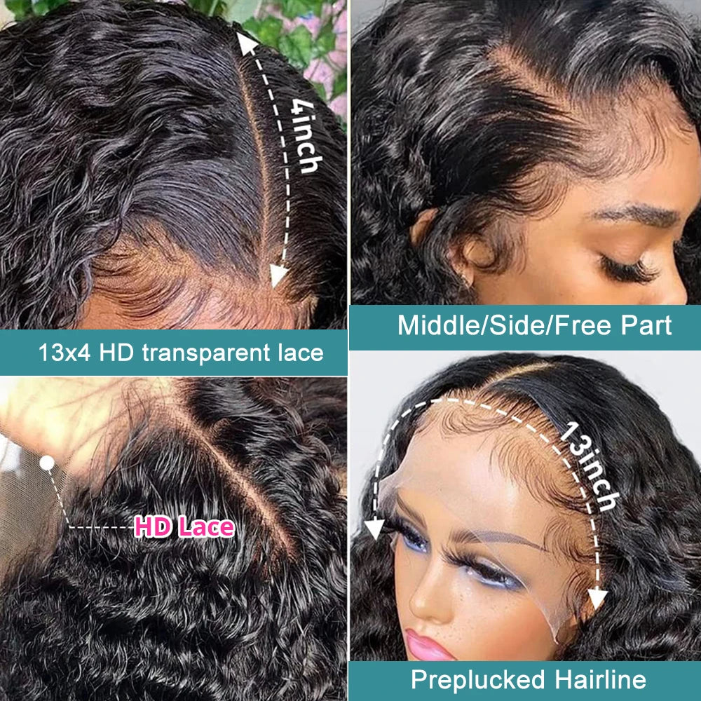 200 Density HD 13X6 Transparent Deep Water Wave Curly Human Hair Lace Frontal Wig 30 34 Inch 13X4 Lace Front Human Hair Wigs