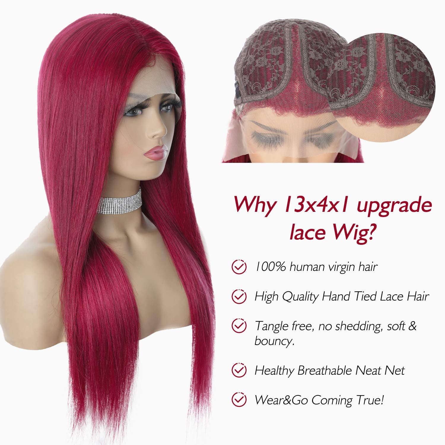 99J T Part Lace Front Human Hair Wigs for Black Women with Baby Hair 9A Brazilian Human Hair Straight Lace Front Wigs Pre Plucked Burgundy Color 150% Density(18 Inch)