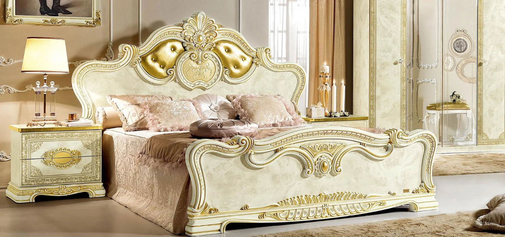 Luxury Gold Ivory Queen Bed Classic Royalty Made in Italy  Leonardo