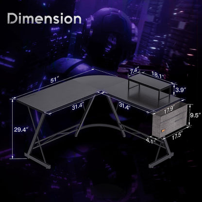 L-Shaped Gaming and Home Office Desk with Rounded Corners and Large Monitor Stand, 51 Inches Workstation