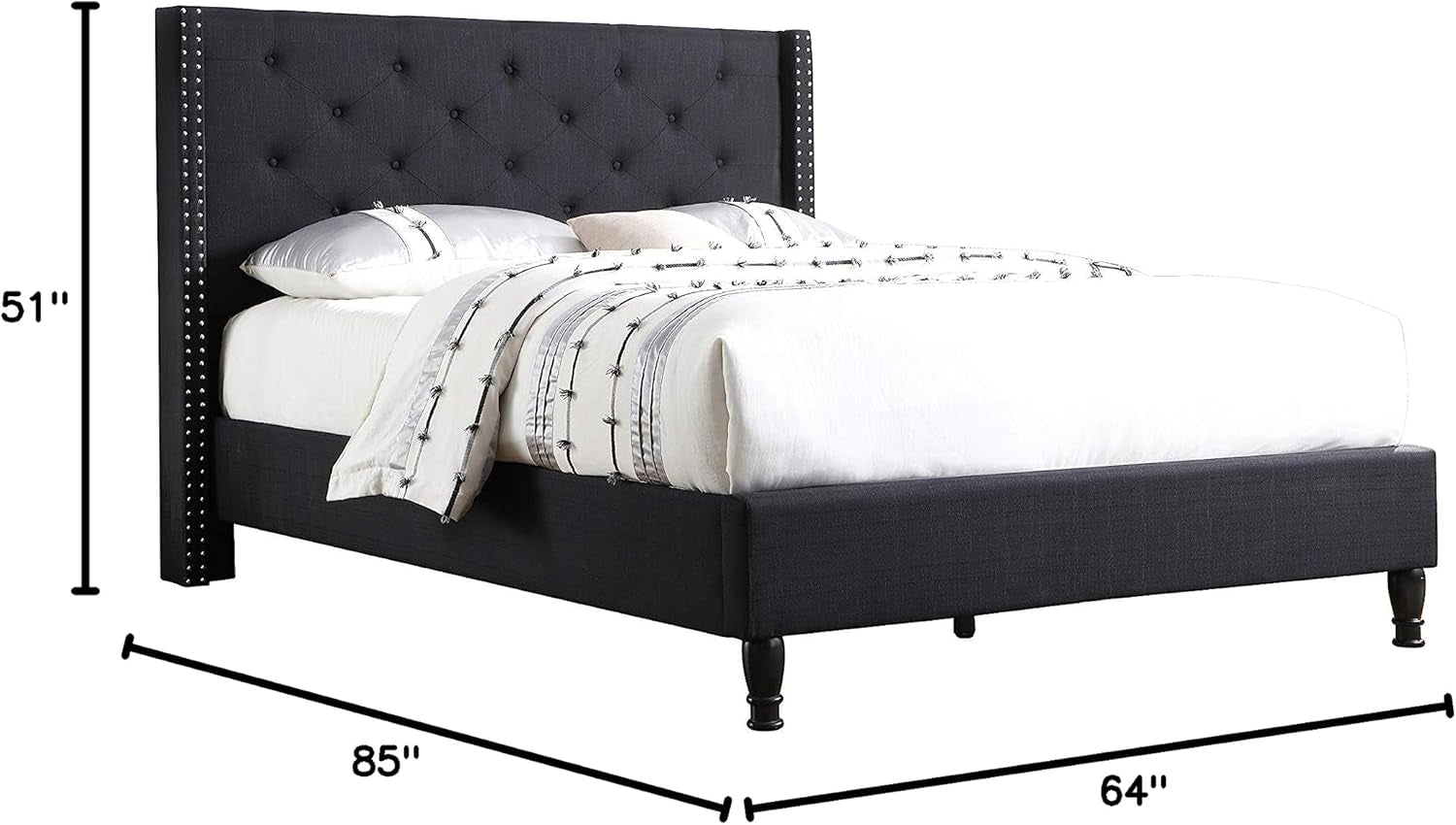 Linen Upholstered Platform Bed - Cloth Platform Bed with 51” Tall Headboard - Durable Wooden Slat Design - Easy to Assemble - Mattress Support - No Box Spring Needed - Full Size, Black