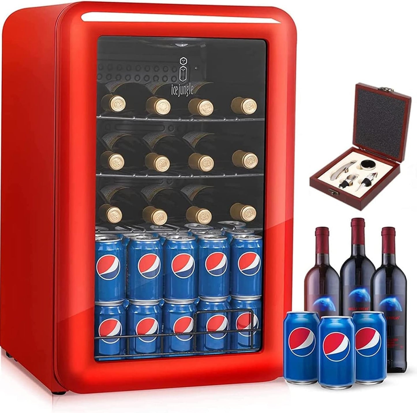 ICEJUNGLE Retro Wine Cooler Refrigerator Red Mini Fridge Wine Cellar with Glass Door for Beer Soda