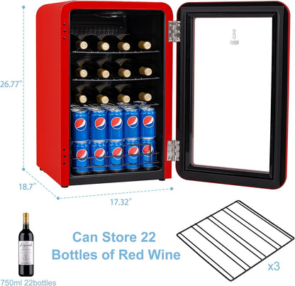 ICEJUNGLE Retro Wine Cooler Refrigerator Red Mini Fridge Wine Cellar with Glass Door for Beer Soda