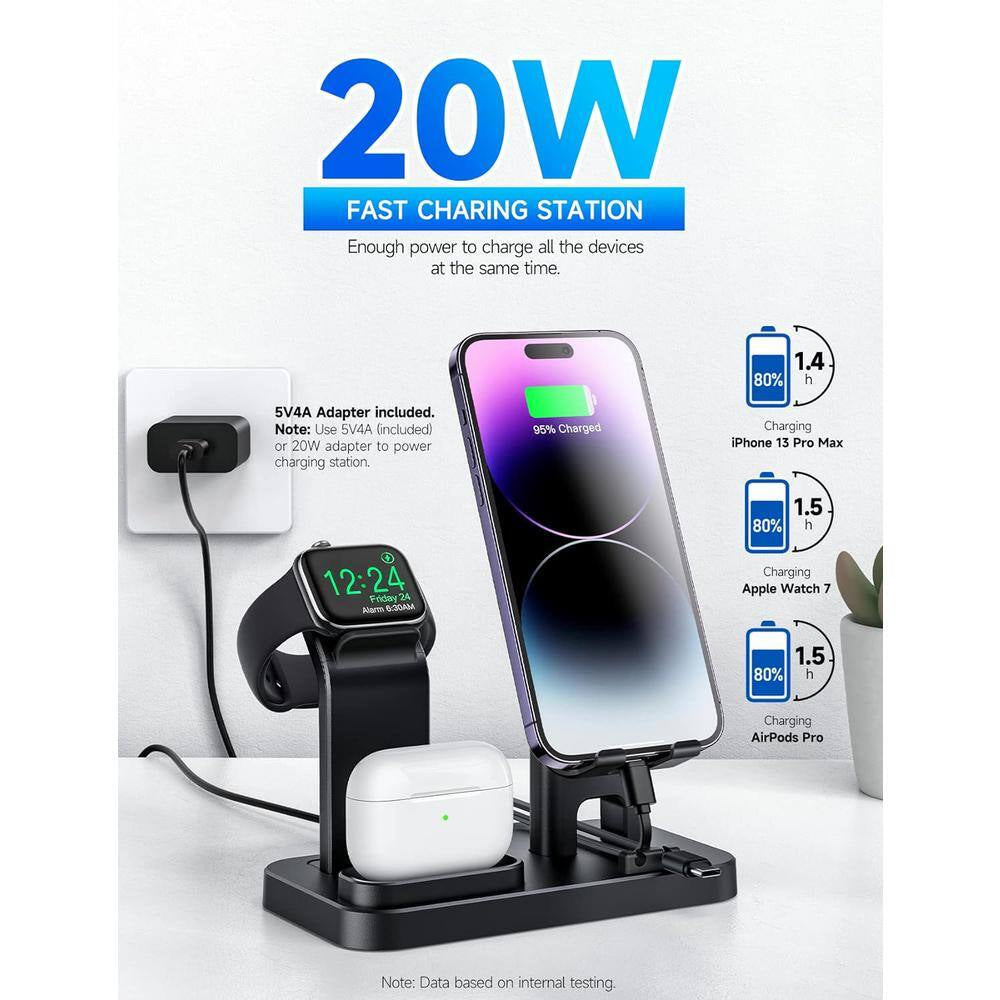 4 In1 Charging Station for Multiple Devices Apple, 20-Watt Self Adjustable Charger for Iphone/Samsung Charger Stand Dock