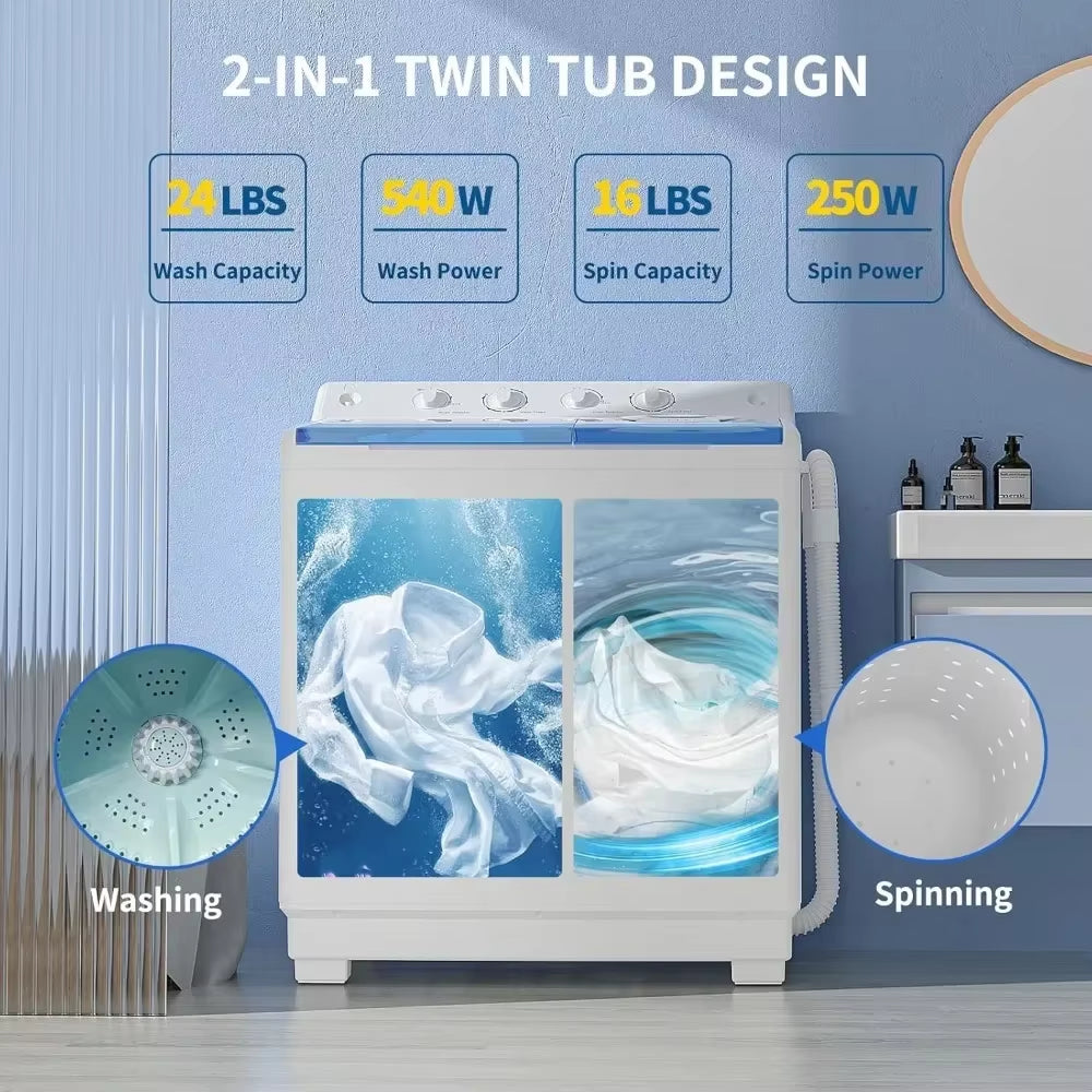 Washing Machine, 40Lbs Twin Tub Laundry with Built-In Drain Pump, Semi-Automatic Washer & Spinner, Portable Washing Machine