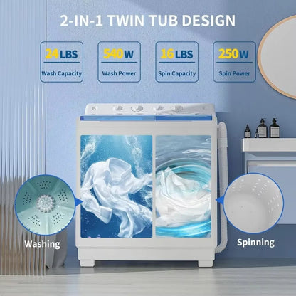 Washing Machine, 40Lbs Twin Tub Laundry with Built-In Drain Pump, Semi-Automatic Washer & Spinner, Portable Washing Machine