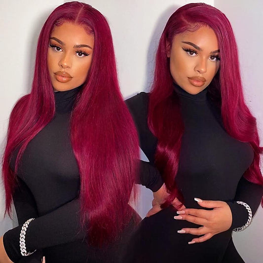 99J T Part Lace Front Human Hair Wigs for Black Women with Baby Hair 9A Brazilian Human Hair Straight Lace Front Wigs Pre Plucked Burgundy Color 150% Density(18 Inch)