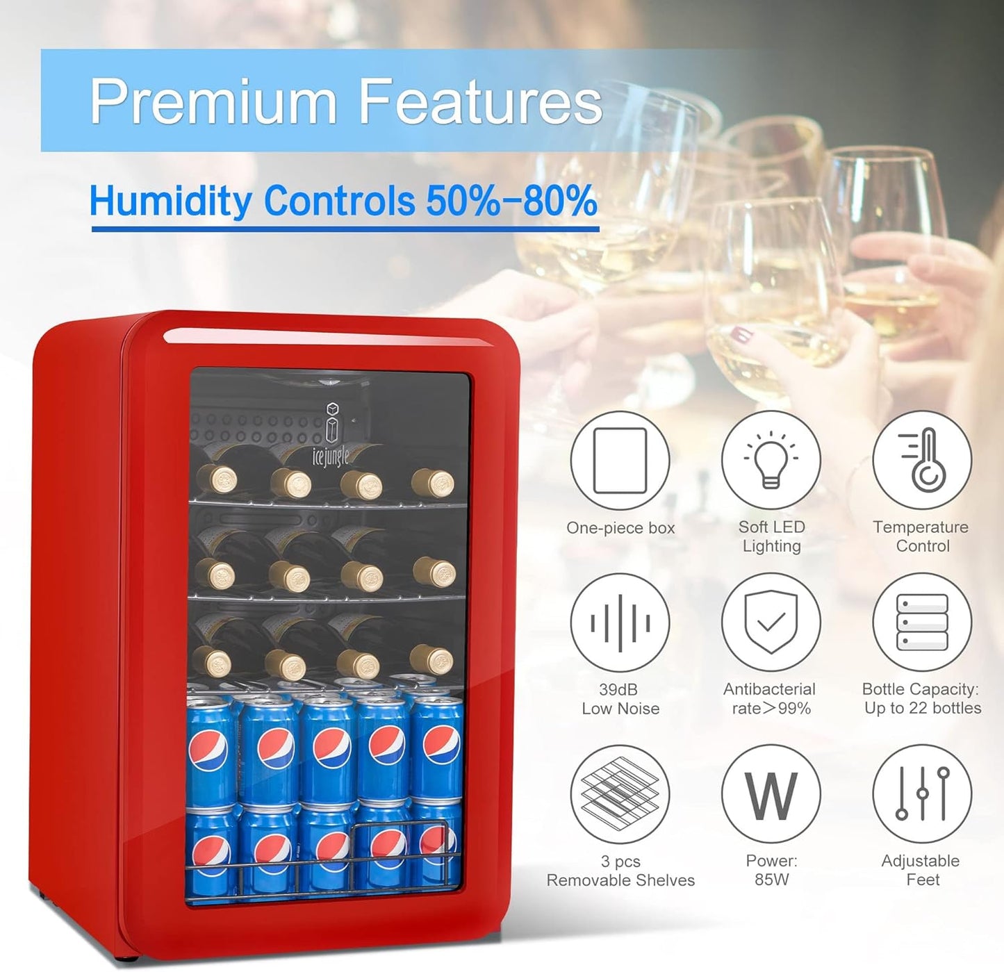 ICEJUNGLE Retro Wine Cooler Refrigerator Red Mini Fridge Wine Cellar with Glass Door for Beer Soda