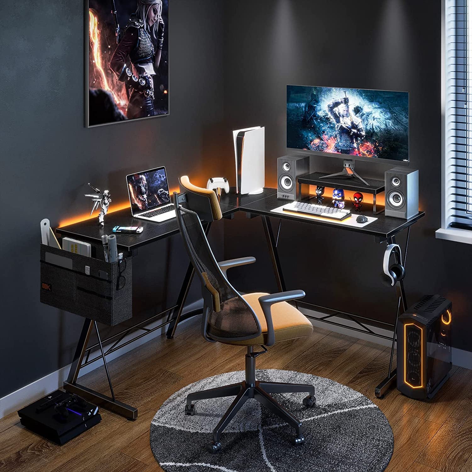 L-Shaped Gaming and Home Office Desk with Rounded Corners and Large Monitor Stand, 51 Inches Workstation