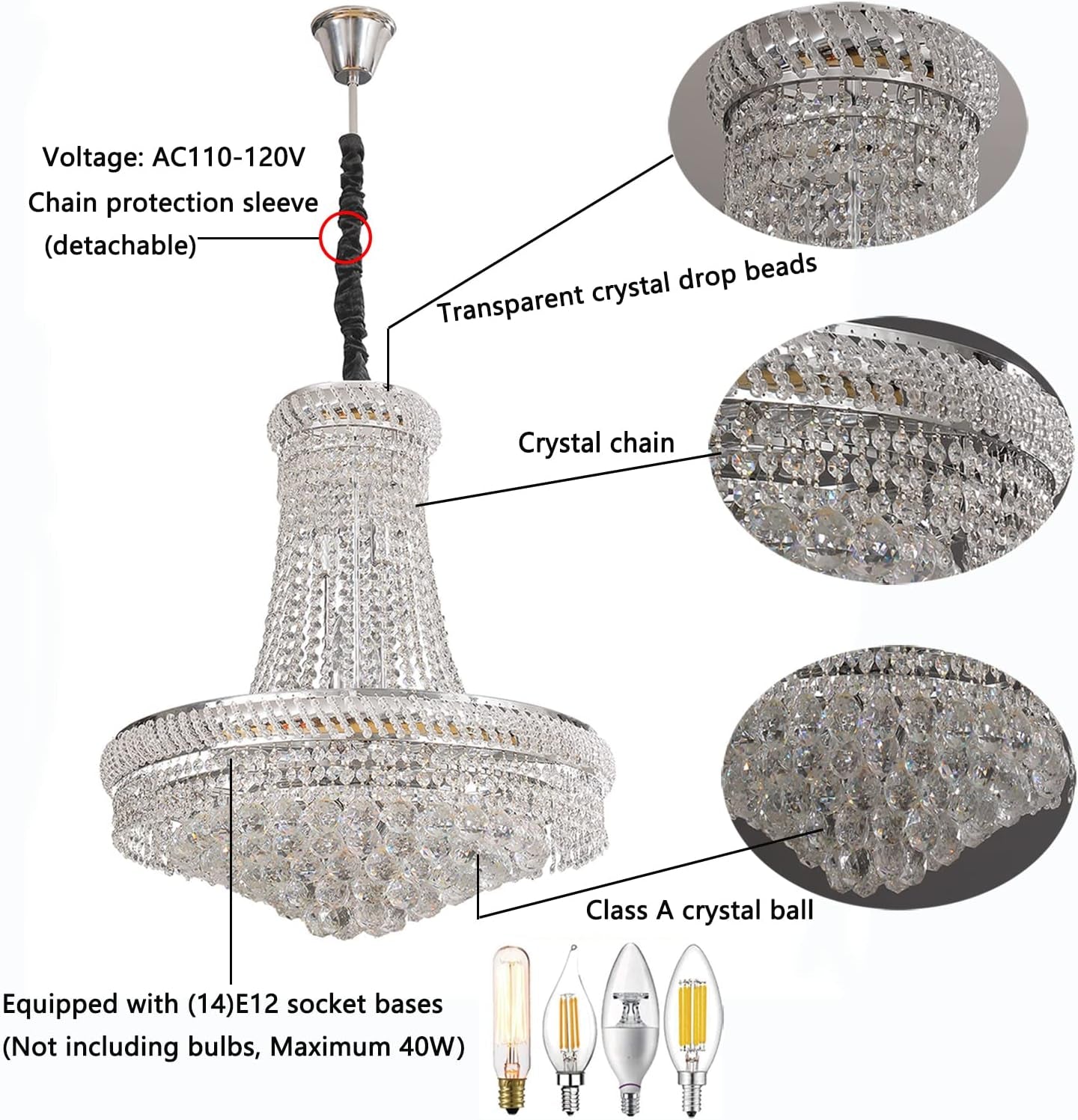 Modern K9 Crystal Chandelier Luxury Empire Style Crystal Ceiling Lighting (24×31.5 Inch) 14-Light Crystal Chandelier for Living Room, Dining Room, Staircase, Hallway, High Ceiling (Silver A)