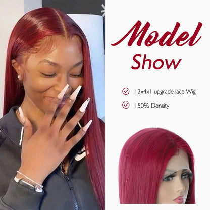 99J T Part Lace Front Human Hair Wigs for Black Women with Baby Hair 9A Brazilian Human Hair Straight Lace Front Wigs Pre Plucked Burgundy Color 150% Density(18 Inch)